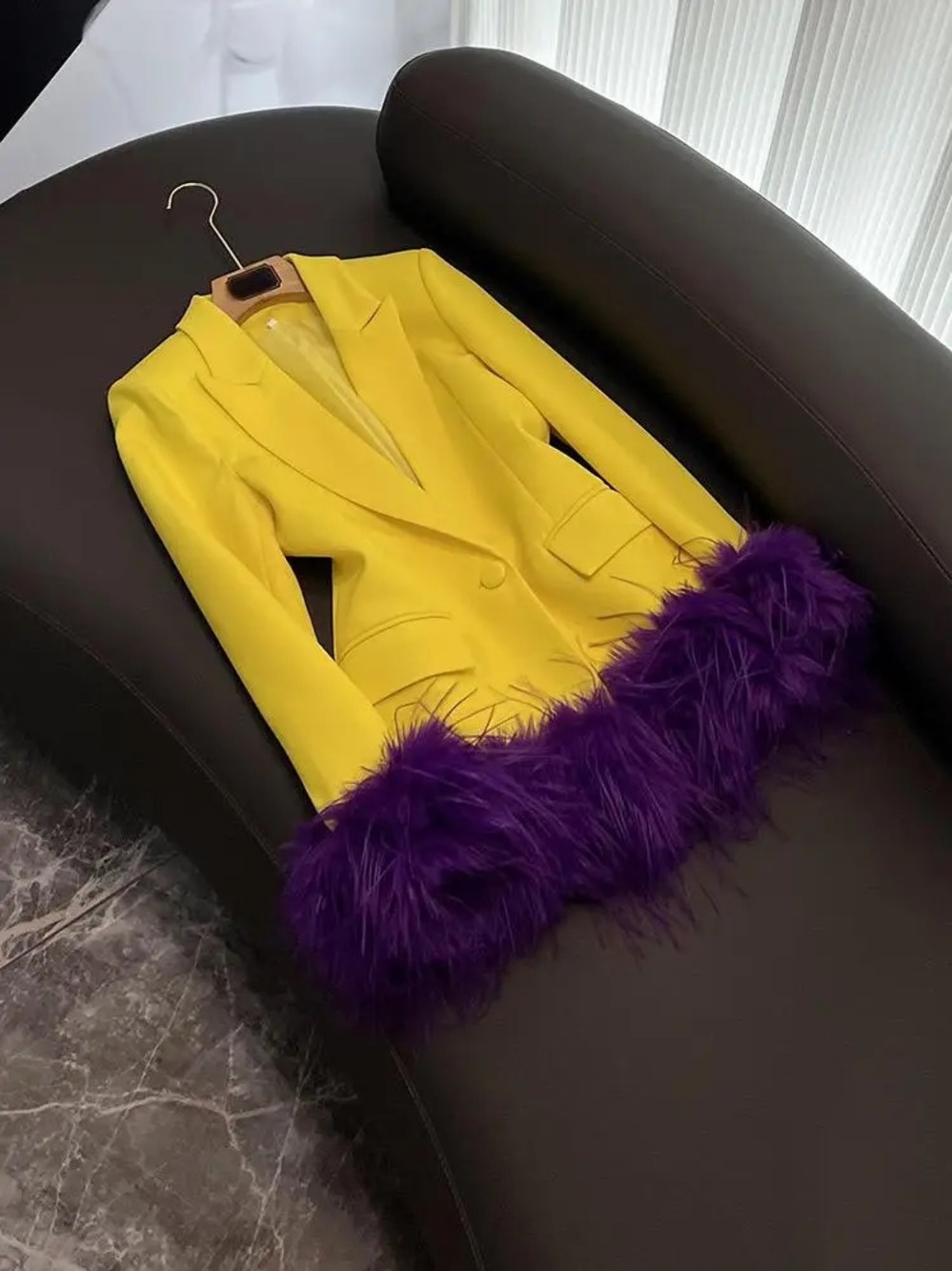 Yellow Blazer with Purple Feather Trim